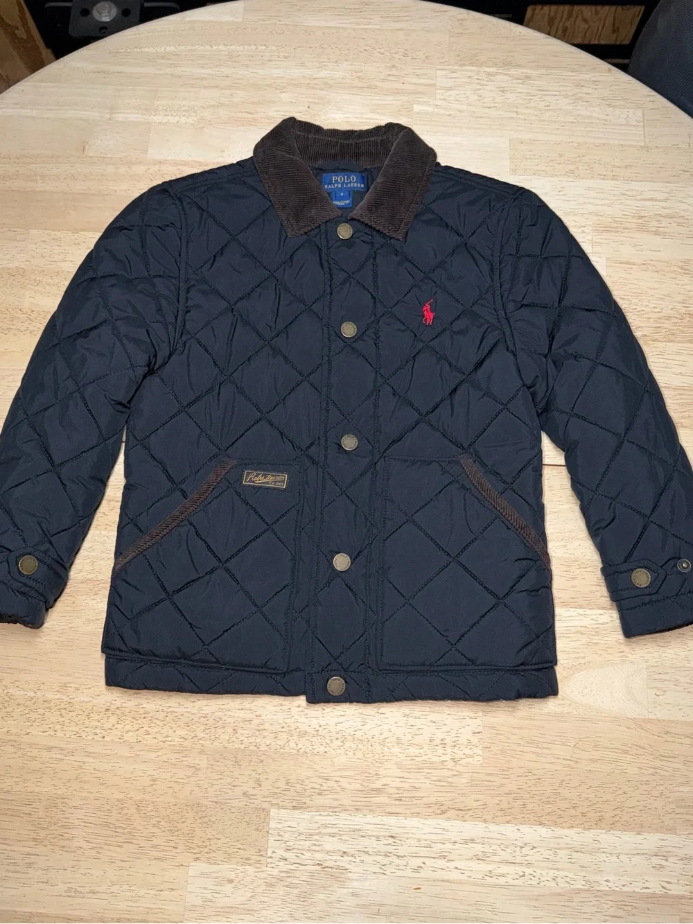 Polo Ralph Lauren Kids Black Quilted Barn Jacket Brown Corduroy Collar Size 6